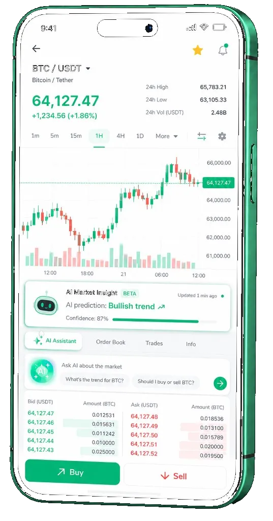 Bright Yieldenance trading platform on mobile — live BTC/USDT chart, order book, and buy/sell interface